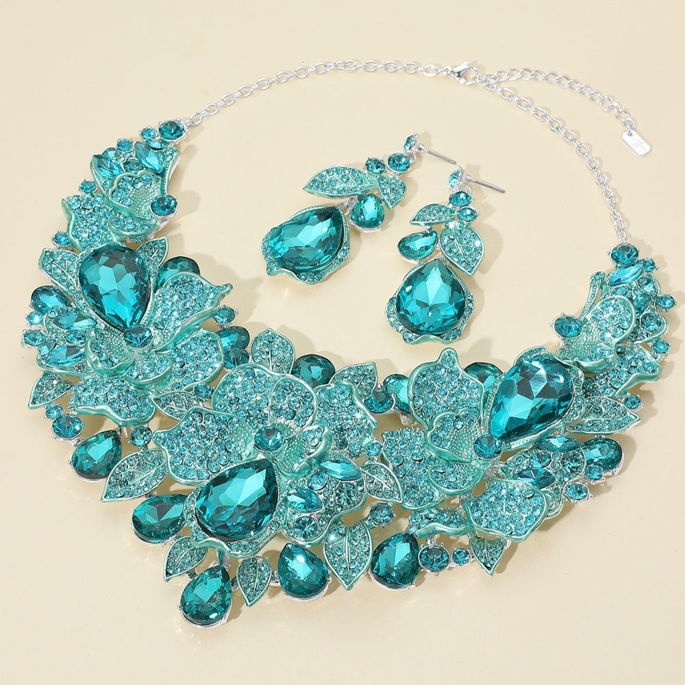 Blue Aqua Crystal Floral Teardrop Cluster Formal Evening Statement Necklace Set